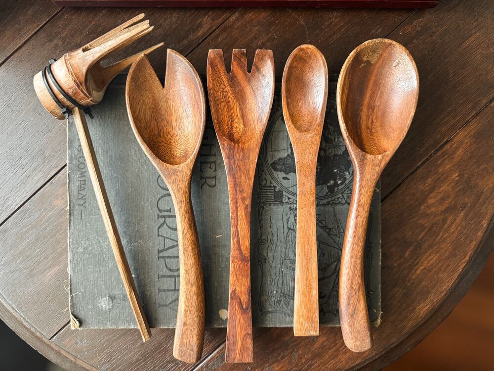 Vintage Monkey Pod Wood Serving Utensils Set MCM Tiki Salad Spoons Carved
